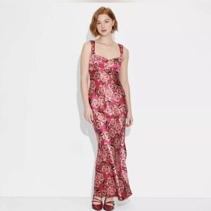 Wild Fable Satin Maxi Bodycon Dress Mini Cap Sleeves Red Floral Size Medium New